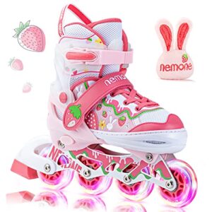 nemone bunny strawberry 4 size adjustable inline skates for girls with 8 light up wheels, pink blades roller for kids, indoor beginner inliner outdoor, small(10c-13c us)