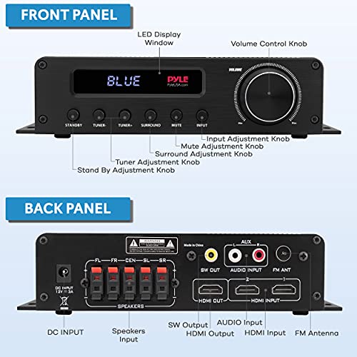 Pyle Wireless Bluetooth Home Audio Amplifier - 100W 5 Channel Home Theater Power Stereo Receiver, Surround Sound w/HDMI, AUX, FM Antenna, Subwoofer Speaker Input, 12V Adapter - Pyle PFA540BT.5