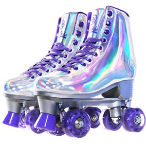 jajahoho roller skates for women, holographic silver high top pu leather rollerskates, shiny double-row purple four wheels quad skates for girls and age 8-50 indoor outdoor, size 6