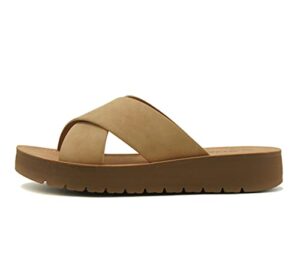 soda lucy ~ women open toe flatform platform crisscross band upper fashion slide sandals (camel, numeric_8_point_5)