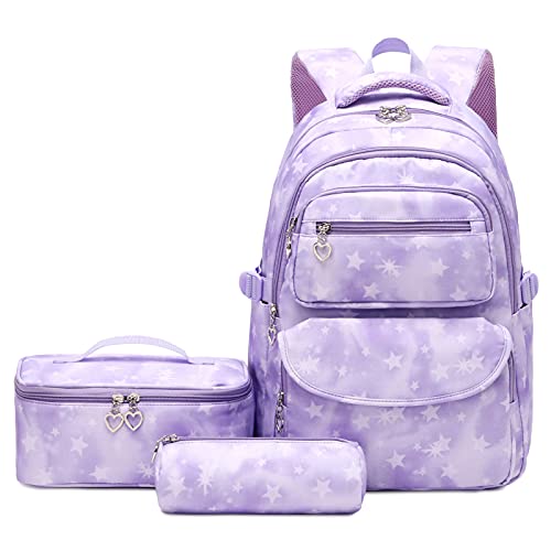 goldwheat Star Print Backpack With Lunch Pack Pencil Case 3pcs Sets For Elementary Students Knapsack and Teens