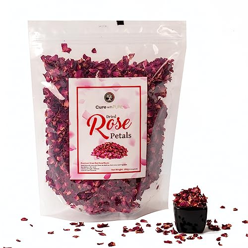 Cure With Pure Dried Rose Petals Edible No Preservatives,4 Ounces In Resealable Pouch Premium Natural Dried Roses For Tea, Baking, Desserts, Bread, Cakes, Bath, Making Rosewater (Pack Of 1)