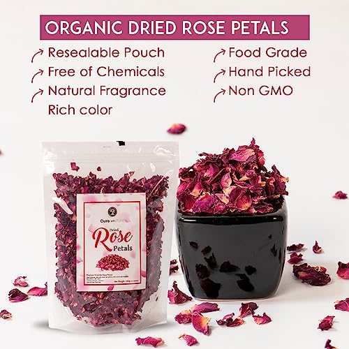 Cure With Pure Dried Rose Petals Edible No Preservatives,4 Ounces In Resealable Pouch Premium Natural Dried Roses For Tea, Baking, Desserts, Bread, Cakes, Bath, Making Rosewater (Pack Of 1)