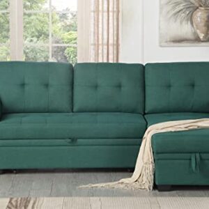 Lilola Home Linen Reversible Sleeper Sectional Sofa with Storage Chaise, Green