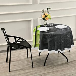 Black Zen Basalt Stones with Dew Green Bamboo on Dark Round Table Cloth, Circle Table Linen White Lace Dinner Tablecloth Mat, Desk Cloth Cover for Home Party Wedding 60 Inches