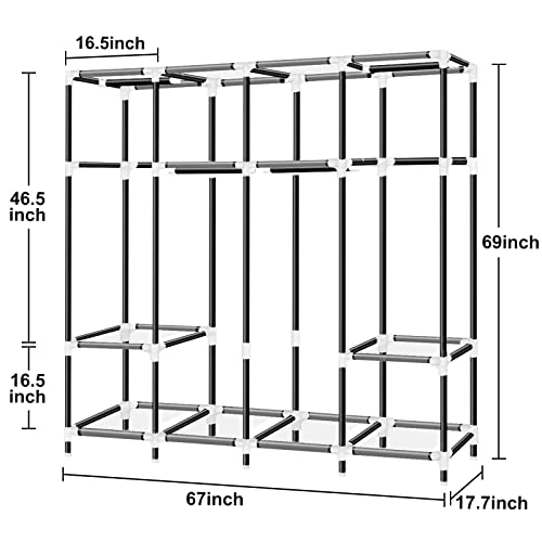 LOKEME Portable Closet, 67 Inch Wardrobe Closet for Hanging Clothes with 4 Hanging Rods, 25mm Steel Tube Clothes Storage Organizer for Extra Sturdy, Quick and Easy to Assembly, Black Cover