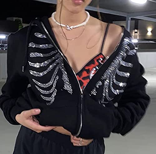 Creaion Rhinestone Graphic Zip Up Hoodies for Women Y2k Oversized Skeleton Print Sweatshirt Jacket E-Girl 90s Pullover Streetwear