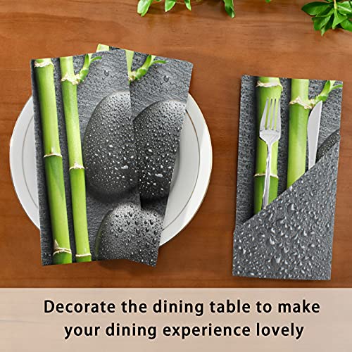 Black Zen Basalt Stones with Dew Green Bamboo on Dark Dinner Cloth Napkin, Set of 1 Oversized Reusable Table Napkins, Washable Premium Fabric with Hemmed Edges for Wedding Parties