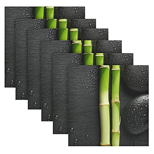 Black Zen Basalt Stones with Dew Green Bamboo on Dark Dinner Cloth Napkin, Set of 1 Oversized Reusable Table Napkins, Washable Premium Fabric with Hemmed Edges for Wedding Parties