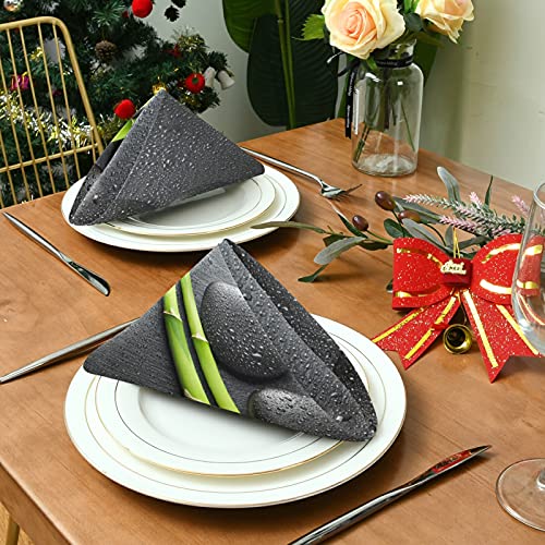 Black Zen Basalt Stones with Dew Green Bamboo on Dark Dinner Cloth Napkin, Set of 1 Oversized Reusable Table Napkins, Washable Premium Fabric with Hemmed Edges for Wedding Parties