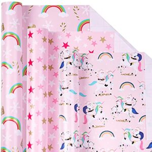 lezakaa christmas wrapping paper mini roll - santa claus and unicorn/rainbow/stars in pink for gift wrap, arts crafts - 17 x 120 inches - 3 rolls (42.5 sq.ft.ttl.)