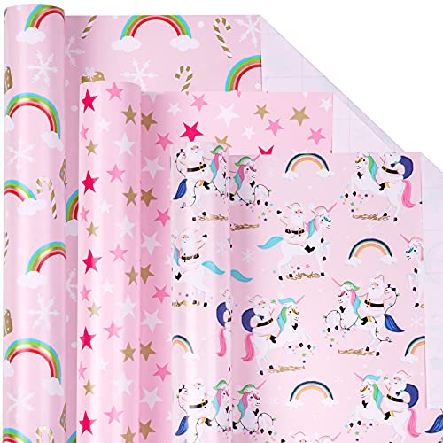 LeZakaa Christmas Wrapping Paper Mini Roll - Santa Claus and Unicorn/Rainbow/Stars in Pink for Gift Wrap, Arts Crafts - 17 x 120 inches - 3 Rolls (42.5 sq.ft.ttl.)