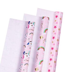 LeZakaa Christmas Wrapping Paper Mini Roll - Santa Claus and Unicorn/Rainbow/Stars in Pink for Gift Wrap, Arts Crafts - 17 x 120 inches - 3 Rolls (42.5 sq.ft.ttl.)