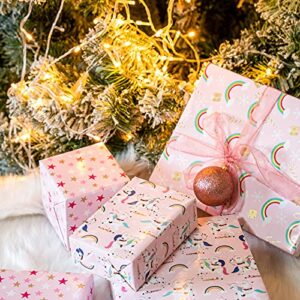 LeZakaa Christmas Wrapping Paper Mini Roll - Santa Claus and Unicorn/Rainbow/Stars in Pink for Gift Wrap, Arts Crafts - 17 x 120 inches - 3 Rolls (42.5 sq.ft.ttl.)