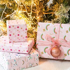 LeZakaa Christmas Wrapping Paper Mini Roll - Santa Claus and Unicorn/Rainbow/Stars in Pink for Gift Wrap, Arts Crafts - 17 x 120 inches - 3 Rolls (42.5 sq.ft.ttl.)