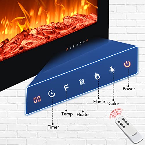 E EUHOMY 50-inch Electric Fireplace, Recessed and Wall Mounted Fireplace Heater, Adjustable Brightness, Multiple Colors, Dual Control Remote and Touch Screen, Indoor Heater with Timer, 750W/1500W