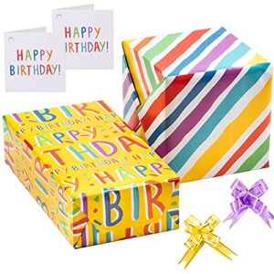 lezakaa birthday wrapping paper set with gift tags & pull bows - yellow & rainbow stripe for gift wrap, arts crafts - 19.68" x 27.55" x 2 sheet