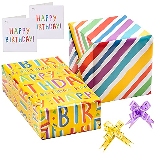 LeZakaa Birthday Wrapping Paper Set with Gift Tags & Pull Bows - Yellow & Rainbow Stripe for Gift Wrap, Arts Crafts - 19.68" x 27.55" x 2 Sheet