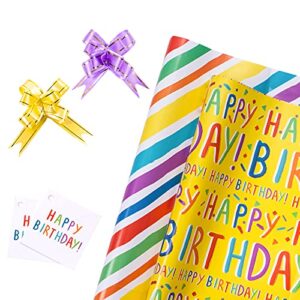 LeZakaa Birthday Wrapping Paper Set with Gift Tags & Pull Bows - Yellow & Rainbow Stripe for Gift Wrap, Arts Crafts - 19.68" x 27.55" x 2 Sheet