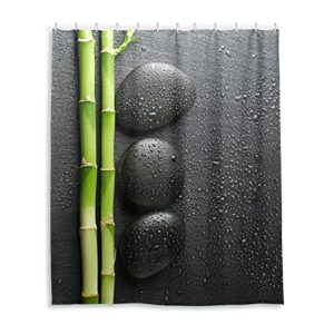 black zen basalt stones with dew green bamboo on dark waterproof shower curtain, machine washable polyester cloth with 12 hooks, no smell bath tub stall curtain liner 48"(w) x72(h)