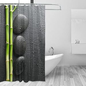 Black Zen Basalt Stones with Dew Green Bamboo on Dark Waterproof Shower Curtain, Machine Washable Polyester Cloth with 12 Hooks, No Smell Bath Tub Stall Curtain Liner 72"(W) x72(H)