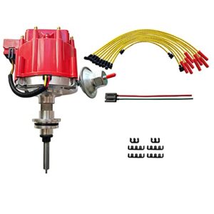 mas red cap performance hei distributor+spark plug wires+free pig tail kit replacement for mopar chrysler dodge plymouth v8 engines 273 318 340 360 —7500 rpm 65k coil (red hei kit)