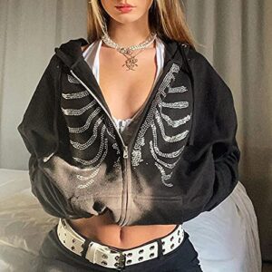 Fabumily Women Zip Up Hoodie Casual Long Sleeve Y2K Vintage Graphic Aesthetic Sweatshirts Top E-Girl 90s Streetwear Jacket(D- Black, Medium)