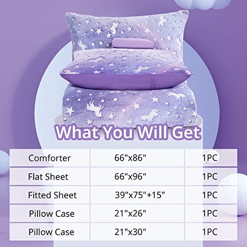 HOMBYS Glow in The Dark Comforter Set 5 Piece Twin/Twin XL with Sheets, Purple Velvet Bedding Comforter Sets for Twin Bed, Ultra Soft Down Alternative Comforter for Teenage Girls Kids, Bed in a Bag