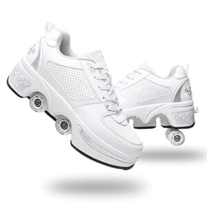 roller skate shoes for women four rounds children's roller skates shoes that turn into rollerskates sneakers outdoor light shoes with wheels for girls/boys (white silver, us 7)