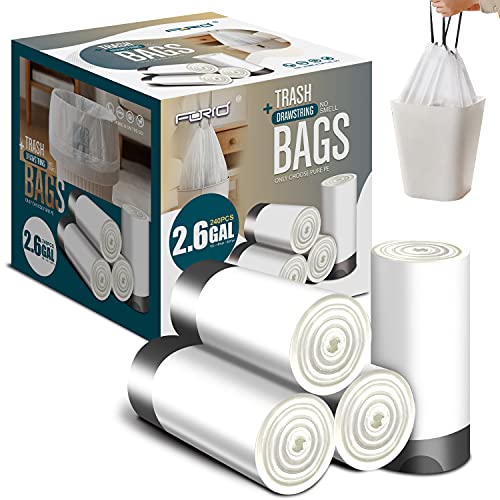 FORID Small Drawstring Trash Bags - 2.6 Gallon White Garbage Bags 240 Counts Disposable Plastic Waste Liners for Bedroom Bathroom Office Home 10 Liters, 4 Rolls, 60 Pieces each - Durable & Thick Bags