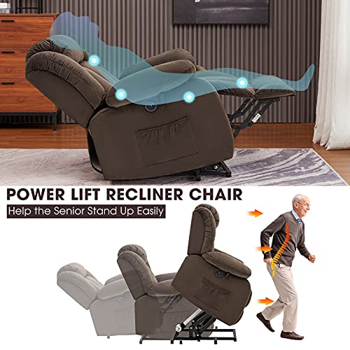 CDCASA Electric Power Lift Recliner Chair with Massage and Heat for Elderly, Reclining Chairs for Seniors, 3 Positions, Side Pocket, USB Port, Plush Fabric, Brown