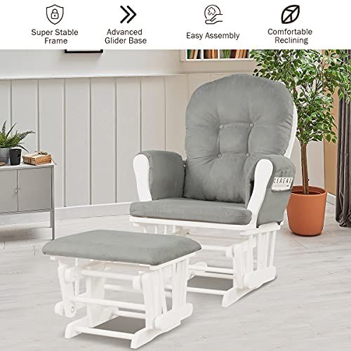 Costzon Glider and Ottoman Set, Wood Glider Rocker for Nursery, Upholstered Comfort Nursing Rocking Chair with Storage Pocket, Padded Armrests & Detachable Cushion, Easy to Assemble (Light Gray)