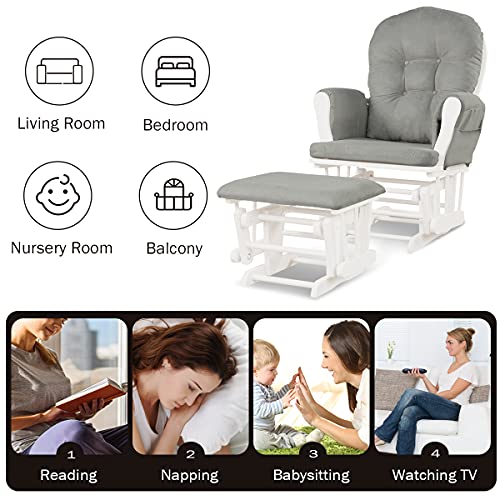 Costzon Glider and Ottoman Set, Wood Glider Rocker for Nursery, Upholstered Comfort Nursing Rocking Chair with Storage Pocket, Padded Armrests & Detachable Cushion, Easy to Assemble (Light Gray)