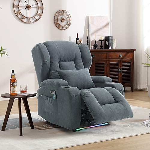 IPKIG Power Recliner Chair with Massage and Heat, Electric Wingback Recliner for Adults with Lumbar Pillow/USB Port/Side Pockets/Cup Holders/Linen Fabric, Home Theater Seating (Blue)