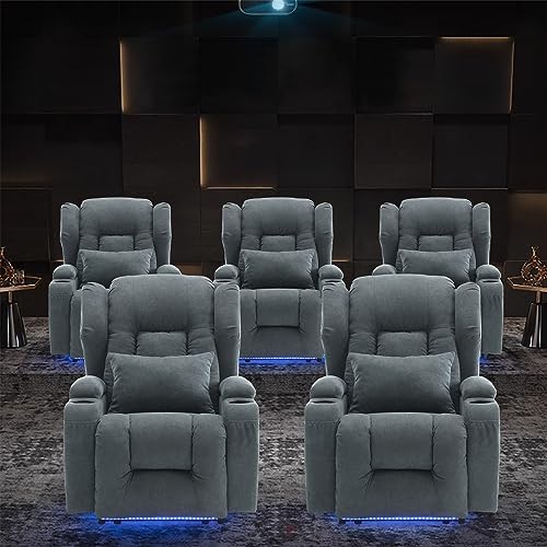 IPKIG Power Recliner Chair with Massage and Heat, Electric Wingback Recliner for Adults with Lumbar Pillow/USB Port/Side Pockets/Cup Holders/Linen Fabric, Home Theater Seating (Blue)