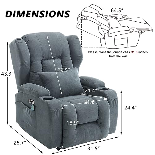 IPKIG Power Recliner Chair with Massage and Heat, Electric Wingback Recliner for Adults with Lumbar Pillow/USB Port/Side Pockets/Cup Holders/Linen Fabric, Home Theater Seating (Blue)