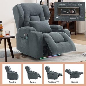 IPKIG Power Recliner Chair with Massage and Heat, Electric Wingback Recliner for Adults with Lumbar Pillow/USB Port/Side Pockets/Cup Holders/Linen Fabric, Home Theater Seating (Blue)