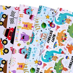 plandrichw birthday wrapping paper for boys,baby,kids.gift wrapping paper includes dinosaur monster truck astronaut 4 cute styles for baby shower party holiday.12 sheets folded flat 20" x 29"