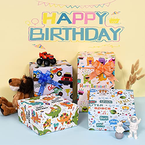 PlandRichW Birthday Wrapping Paper for Boys,Baby,Kids.Gift Wrapping Paper Includes Dinosaur Monster Truck Astronaut 4 Cute styles for Baby Shower Party Holiday.12 Sheets Folded Flat 20" X 29"