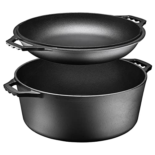 Bruntmor 2-in-1, 7 Quart Enamel Cast Iron Dutch Oven With Handles, Crock Pot Black Cast Iron Skillets, Enamel All-in-One Cookware Braising Pan For Casserole Dish | Pioneer Woman Cookware