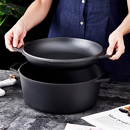 Bruntmor 2-in-1, 7 Quart Enamel Cast Iron Dutch Oven With Handles, Crock Pot Black Cast Iron Skillets, Enamel All-in-One Cookware Braising Pan For Casserole Dish | Pioneer Woman Cookware