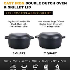 Bruntmor 2-in-1, 7 Quart Enamel Cast Iron Dutch Oven With Handles, Crock Pot Black Cast Iron Skillets, Enamel All-in-One Cookware Braising Pan For Casserole Dish | Pioneer Woman Cookware