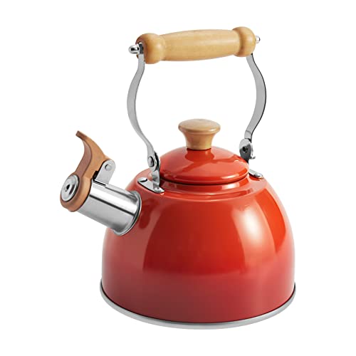 ROCKURWOK Whistling Tea Kettles, 1.6 QT/50 OZ, Small Tea Kettle, Universal Base for Induction, Gas, Electric, Halogen, Radiant, Wooden Handle for Cool Touch,Gradient Red