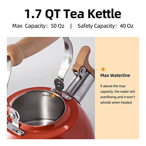 ROCKURWOK Whistling Tea Kettles, 1.6 QT/50 OZ, Small Tea Kettle, Universal Base for Induction, Gas, Electric, Halogen, Radiant, Wooden Handle for Cool Touch,Gradient Red