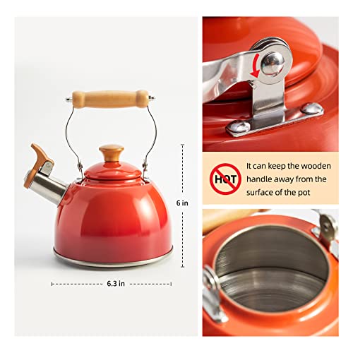 ROCKURWOK Whistling Tea Kettles, 1.6 QT/50 OZ, Small Tea Kettle, Universal Base for Induction, Gas, Electric, Halogen, Radiant, Wooden Handle for Cool Touch,Gradient Red