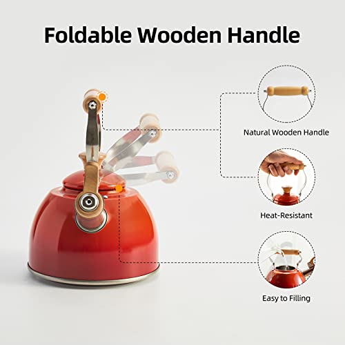 ROCKURWOK Whistling Tea Kettles, 1.6 QT/50 OZ, Small Tea Kettle, Universal Base for Induction, Gas, Electric, Halogen, Radiant, Wooden Handle for Cool Touch,Gradient Red