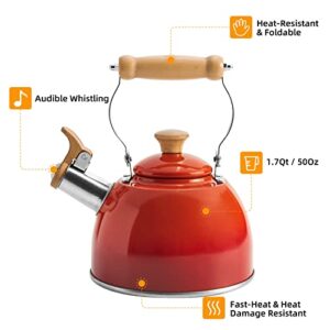 ROCKURWOK Whistling Tea Kettles, 1.6 QT/50 OZ, Small Tea Kettle, Universal Base for Induction, Gas, Electric, Halogen, Radiant, Wooden Handle for Cool Touch,Gradient Red