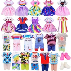 enocht 22 pcs 5.3 inch - 6 inch chelsea doll clothes and accessories include 5 tops, 5 pants for boy dolls, 5 dresses for girl dolls and 2 shoes, 10 outfits hangers