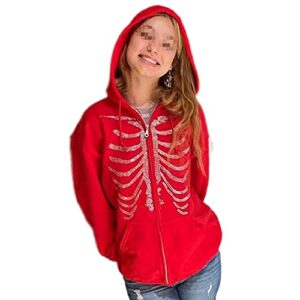 bsunsomem halloween skeleton print oversized zip up hoodie sweatshirt for women teen girls y2k gothic harajuku pullover(red 3,small)