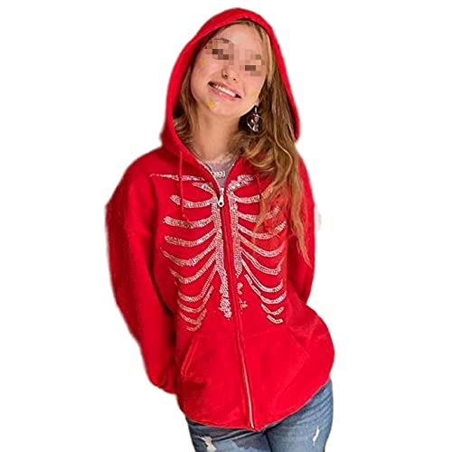 BSUNSOMEM Halloween Skeleton Print Oversized Zip Up Hoodie Sweatshirt for Women Teen Girls Y2k Gothic Harajuku Pullover(Red 3,Small)